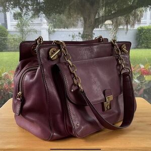 TORY BURCH PRICILLA SATCHEL DOUBLE 1/2 CHAIN SHOULDER STRAPS CORDOVAN LEATHER
